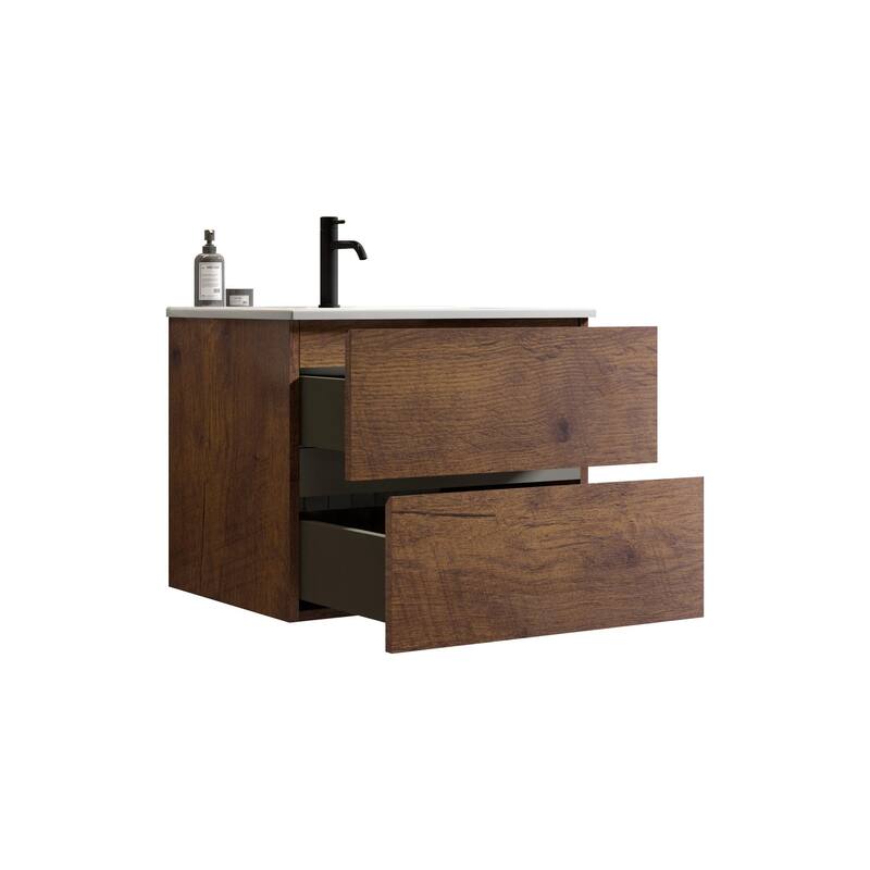 36-Inch Wall Mount Bathroom Vanity in Space Grey with Ceramic Sink, Large Storage