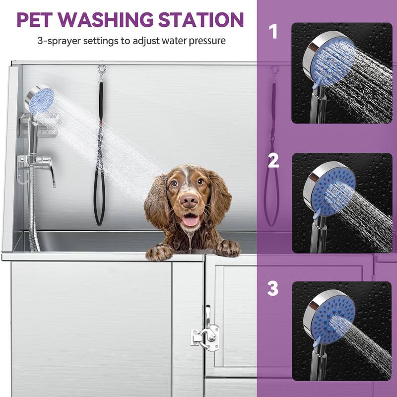 50'' W Stainless Steel Adjustable Pet Grooming Tub with Steps - Silver