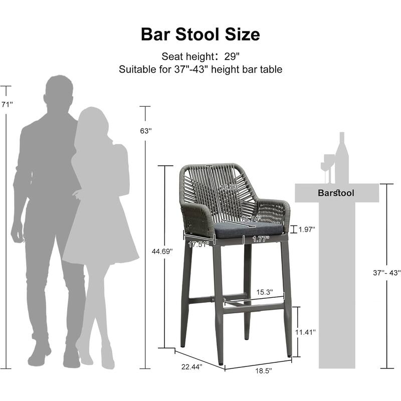 PURPLE LEAF Outdoor Bar Stools Chair Set of 2, All Weather Rattan and Aluminum Patio Bar Stool with Cushion