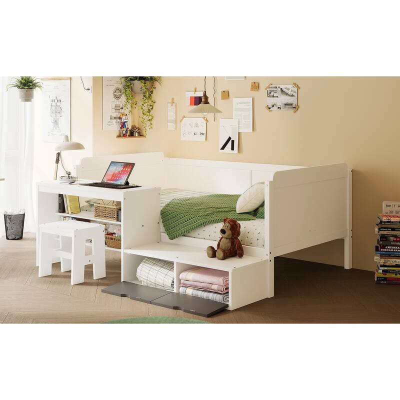 Multi-functional Wooden Daybed with Storage Shelves, Study Desk, Lockers, and Matching Stool