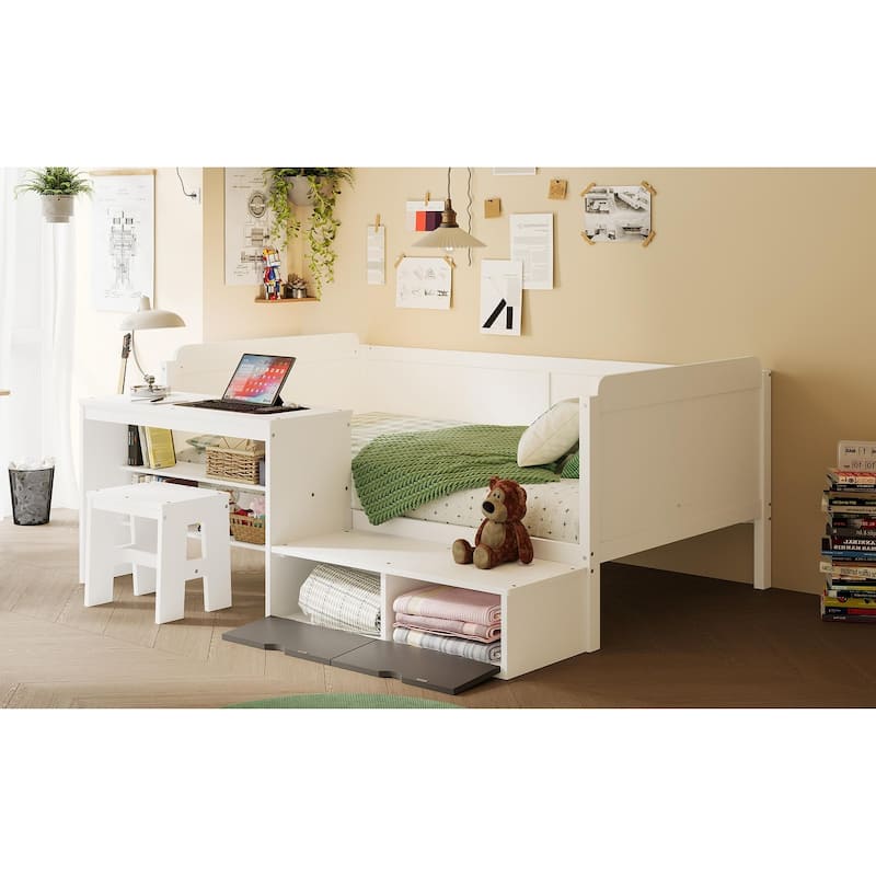 Twin Size Natural Wood Daybed with Study Desk & Storage (350lb Capacity)