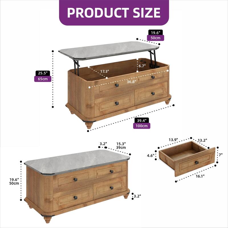 Moasis Farmhouse 36" Lift-top Rectangular Antique Coffee Table with 2 Drawers Hidden Storage