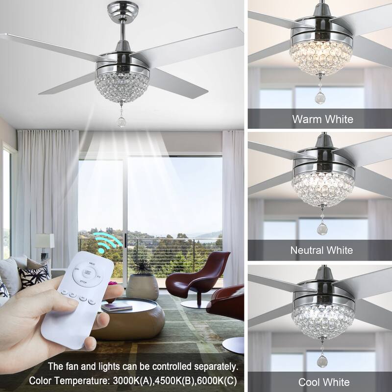 Bella Depot 52" Modern Crystal Ceiling Fan with LED Light, Reversible Ceiling Fan with Remote Control