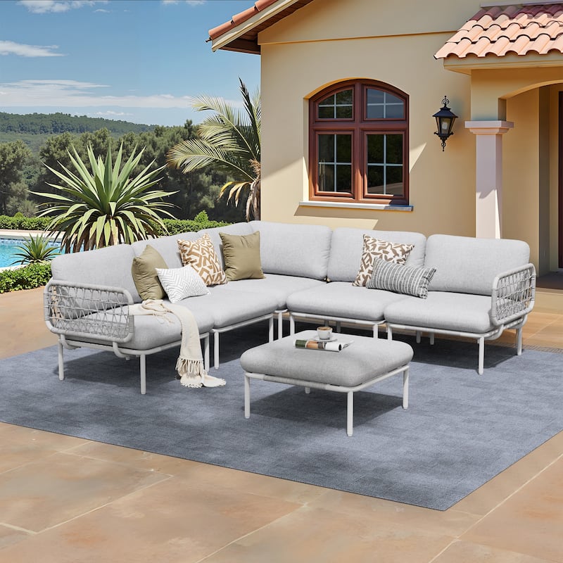 Pellebant Outdoor Patio Aluminum PE Rattan Sectional Sofa Conversation Seating Set with Cushions