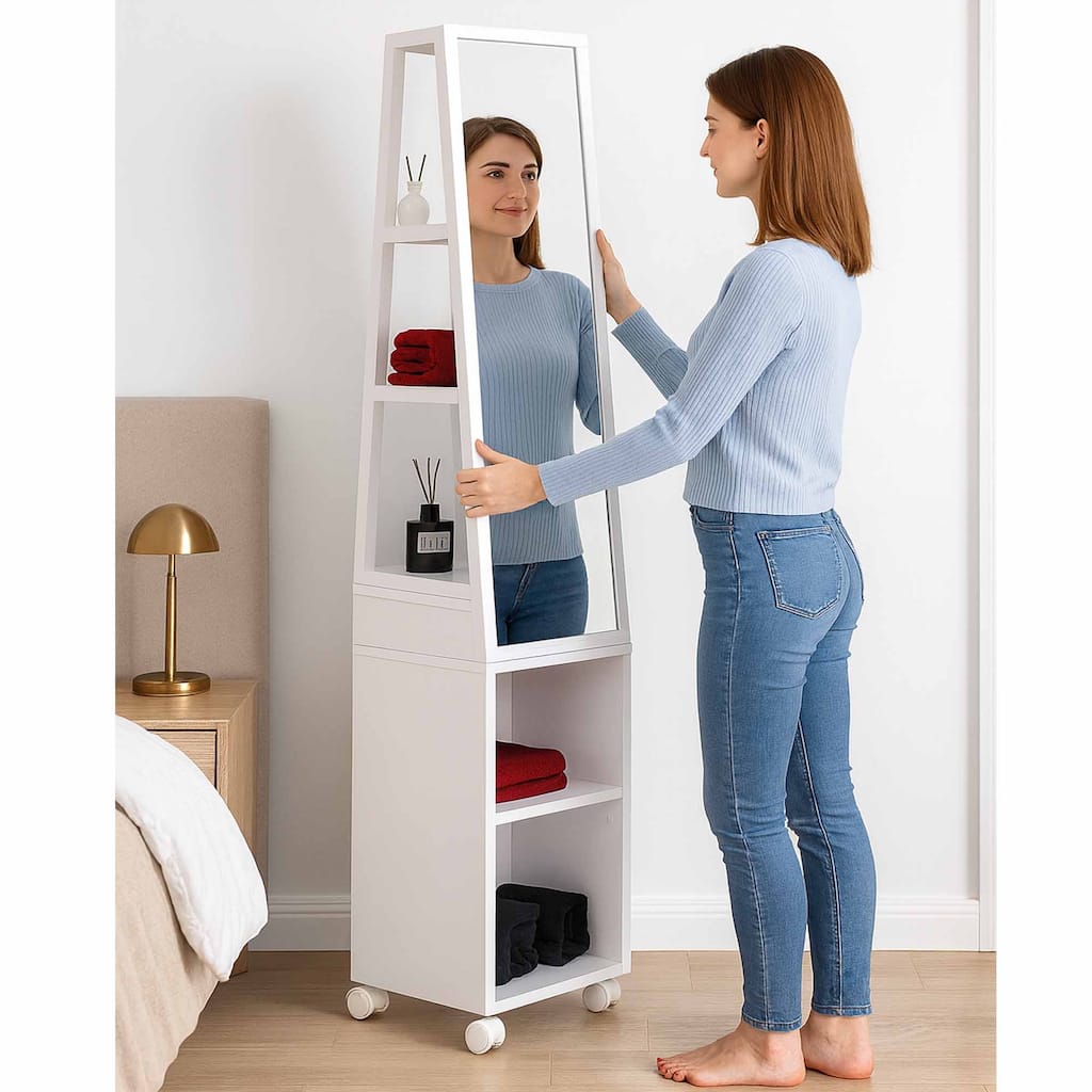 Rotating Bathroom Storage Cabinet with Mirror - 360° Swivel Tower Organizer with Rolling Base & Towel Hooks, White