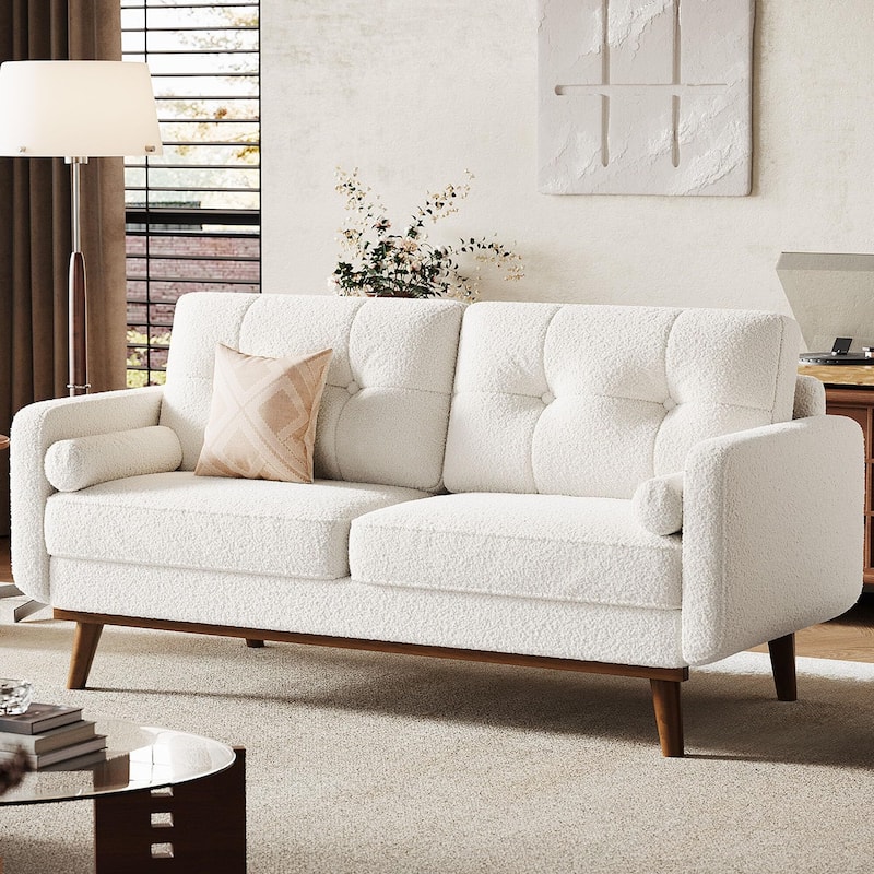 65" Loveseat Sofa, Mid Century Modern Couch Comfy Love Seat Couches for Living Room - White