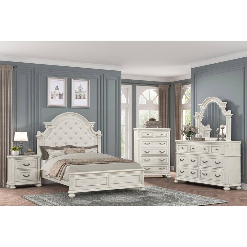 Roundhill Furniture Nelson French Traditional 5-Piece Bedroom Set, Antique White - Queen