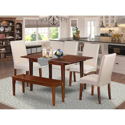 Rustic Dining Set 6 Piece - Kitchen Table with Leaf & 4 Linen Chairs, Bench - 32x60 Inch