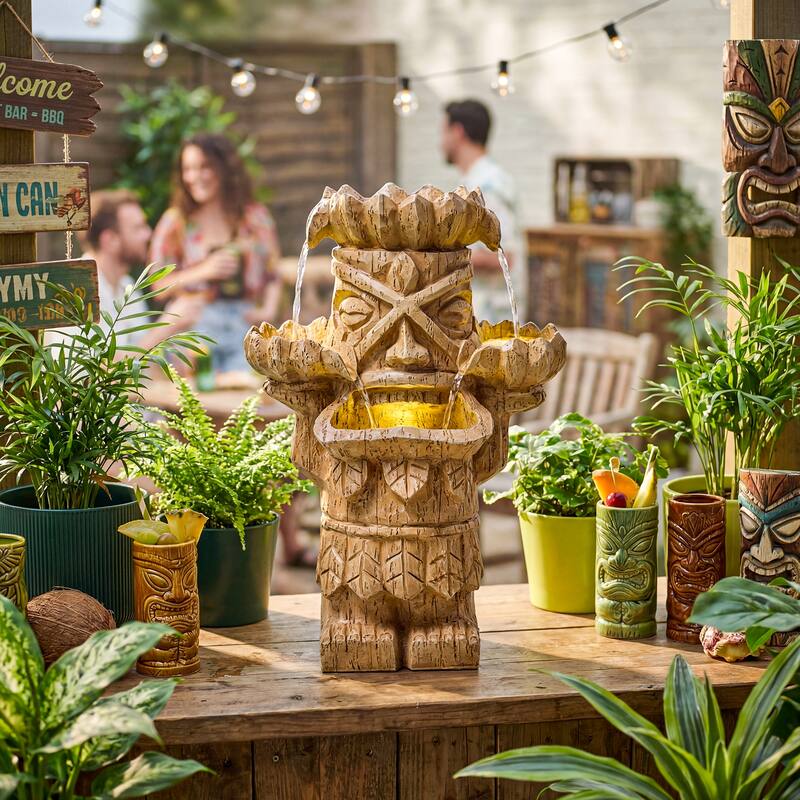 Vbal Hand Crafted Light Brown Resin Tiki Head Fountain Weather Resistant