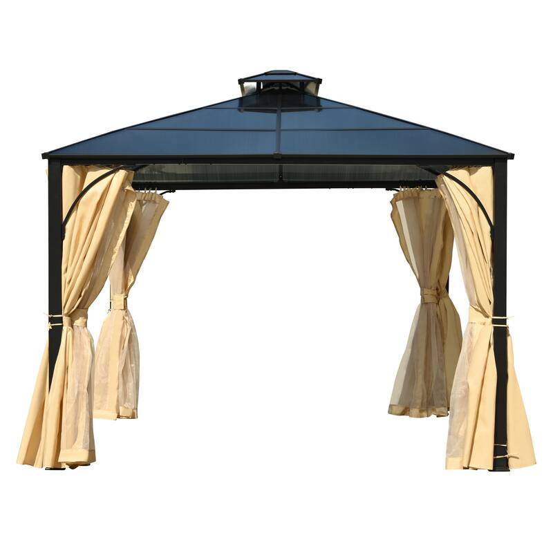 10'x12' Hardtop Outdoor Gazebo, Heavy Duty Double Roof Patio Gazebo with Aluminum Frame, Double-Layer Side Walls