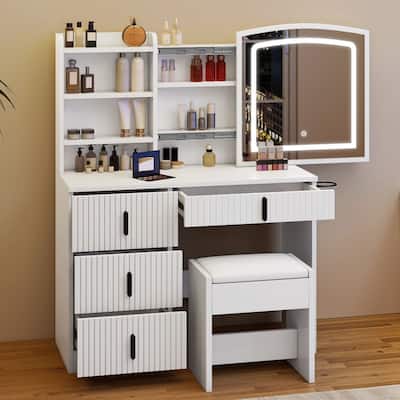 Moasis 39" Wide Makeup Vanity Set with Stool and 3 Color Sliding Mirror