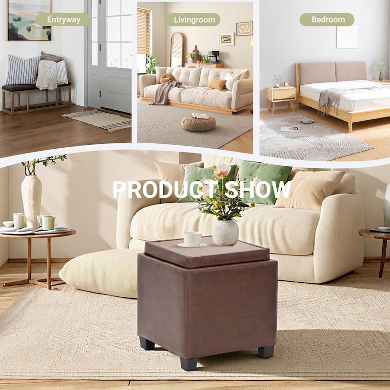 RENEWLINE ​18" Square Storage Ottoman with Tray - 250LBS Weight Capacity, Leather Upholstered Footstool for Living Room