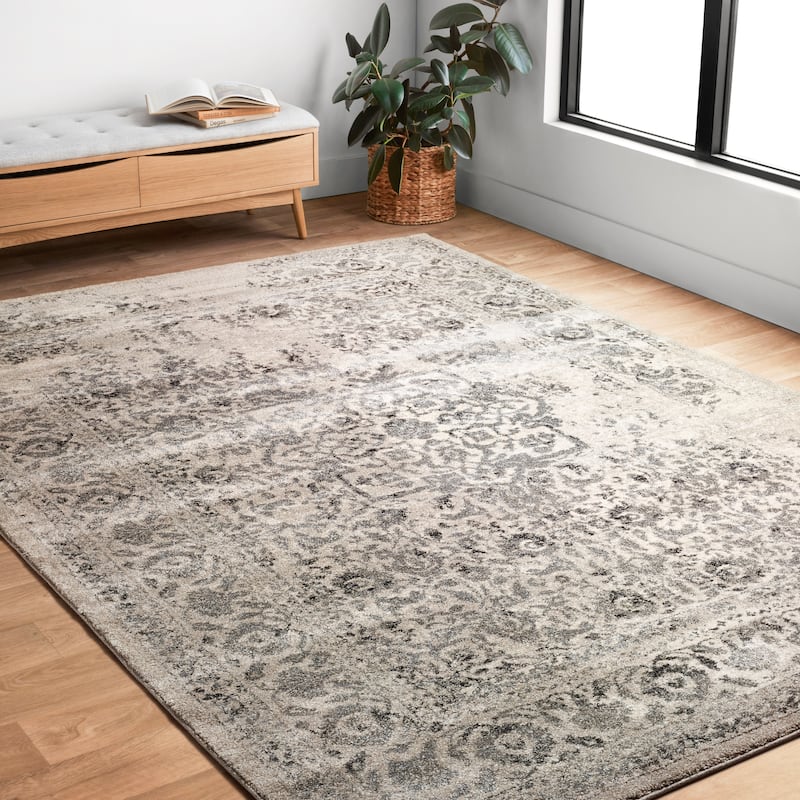 Alexander Home Brentley Traditional Distressed Medallion Area Rug - 5' 3" x 7' 7" - Ivory/Charcoal - Runner/Rectangle