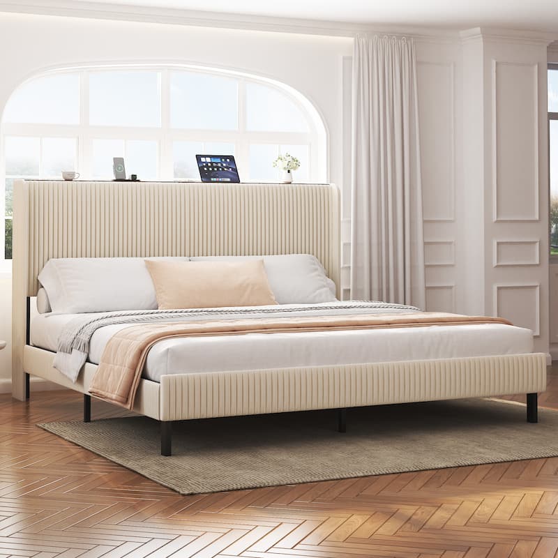Upholstered Frame Bed Stripe Headboard Wingback Bed with Charging and Light Strip, No Box Spring Needed, Metal Slats Support