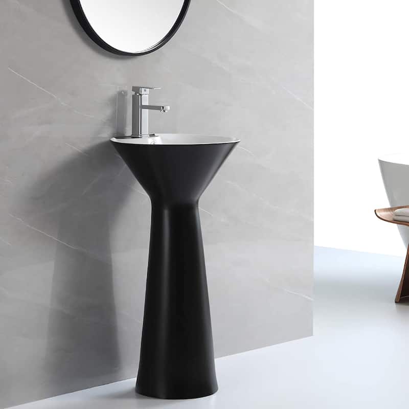 Fine Fixtures Pyramid Pedestal, Elegant One Piece Pedestal Sink, Center Faucet Hole, Vitreous China, White - Black