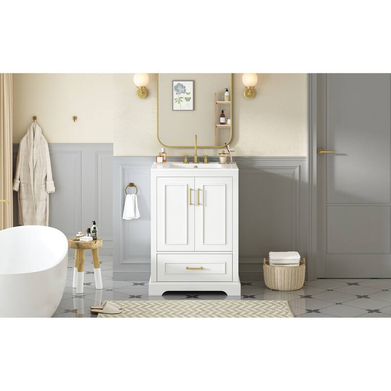 Bathroom Vanity with Ceramic Sink, Freestanding Bathroom Cabinet with Double Shelf, 1 Divided Drawer & 2 Soft Close Doors