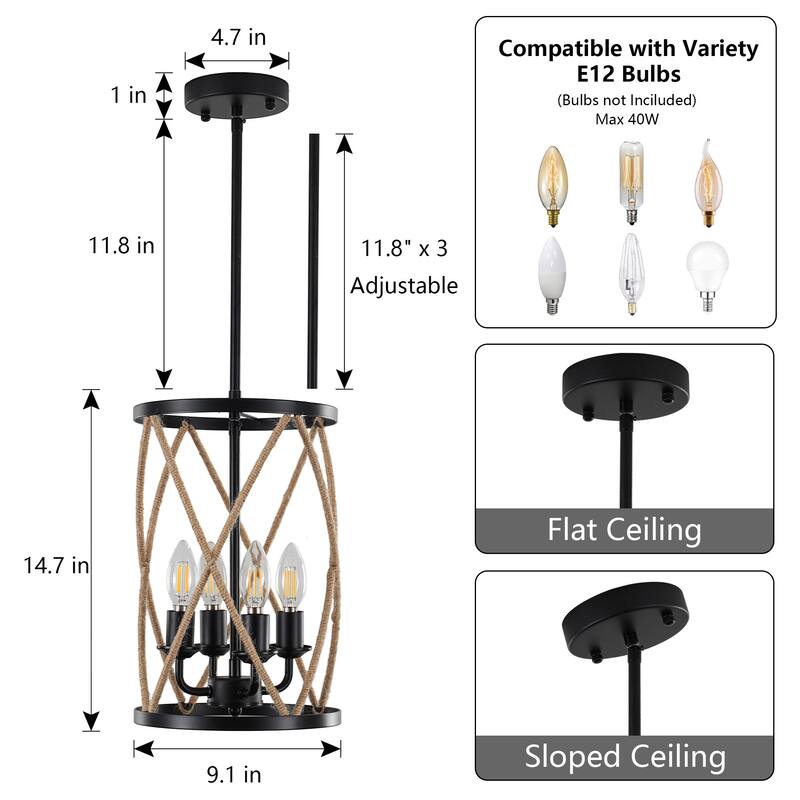 Rustic Rope - Wrapped 4 - Light E12 Pendant Chandelier, Adjustable Height with 3 Rods, Black Metal Frame - Matte Black