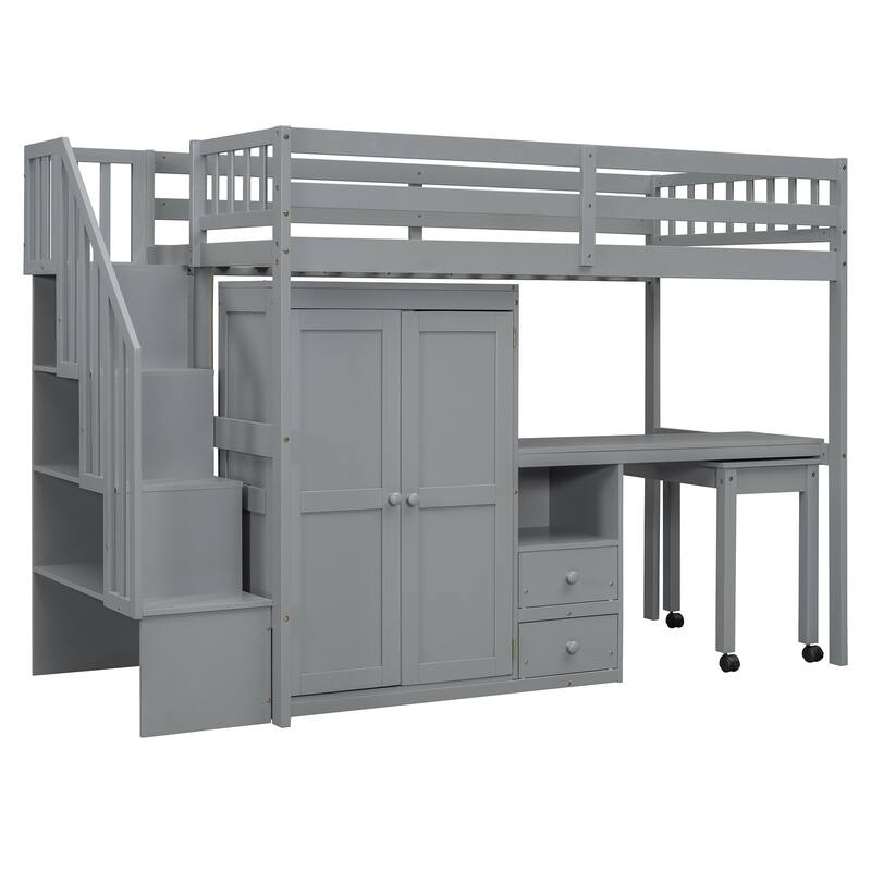 Twin Loft Bed with Staircase & Study Station and 5-in-1 Storage, 300lb Capacity