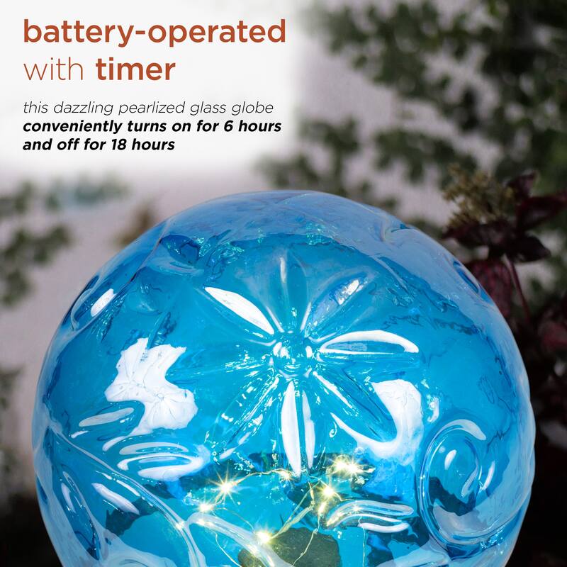 Alpine Corporation 13" Tall Indoor/Outdoor Pearlized Blue Glass LED Gazing Globe with Stand