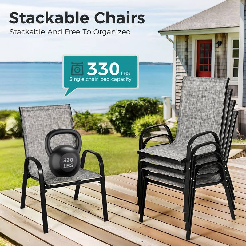 4-Person Patio Dining Set, Textilene Stackable Chairs and Square Table with Umbrella Hole