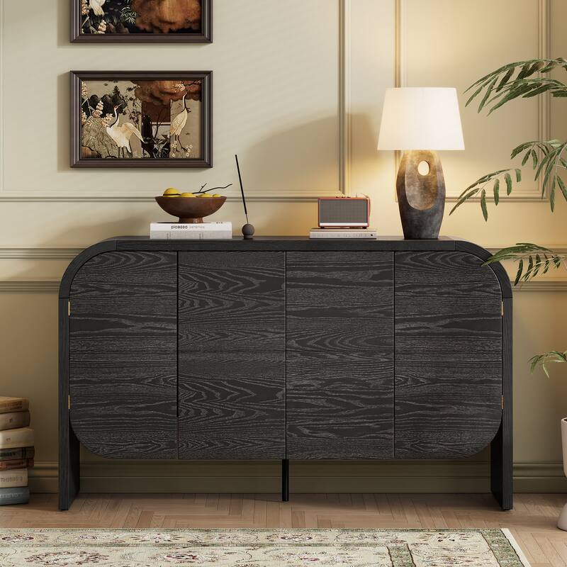 Wooden Sideboard Buffet Cabinet with Curvy Edge & Adjustable Shelves - Black