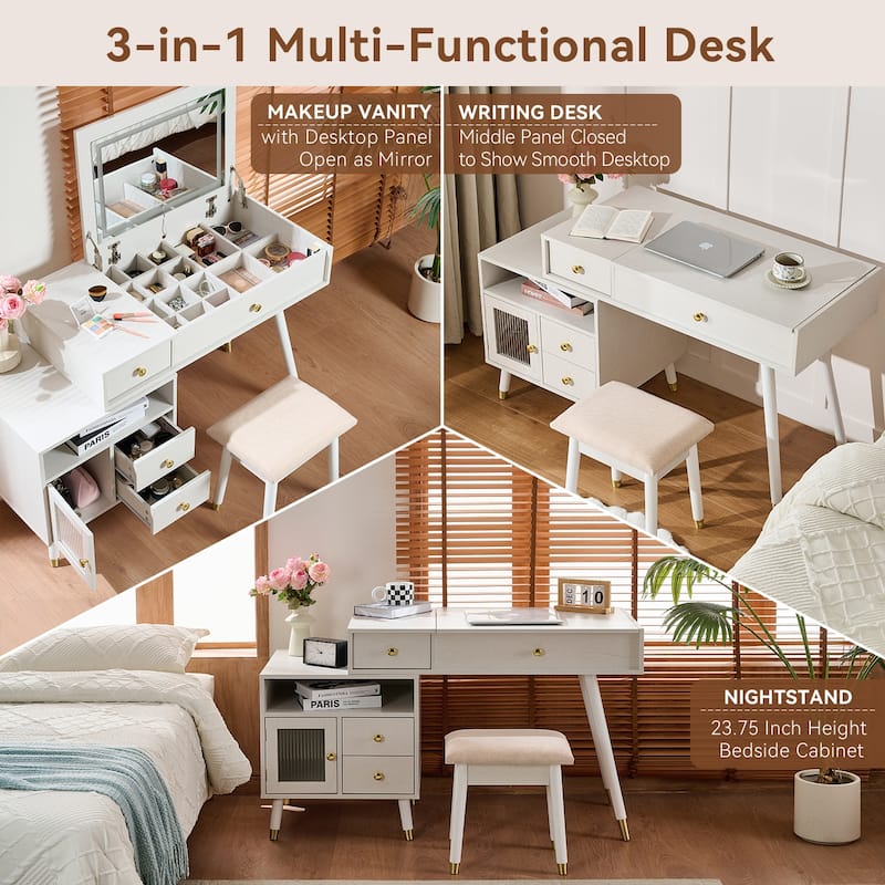 3-in-1 Vanity Desk with Lighted Flip-Top Mirror, Adjustable Side Cabinet, Makeup Table with Stool & Storage Drawers