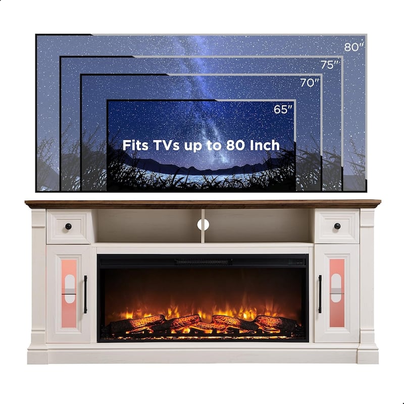 Farmhouse Fireplace TV Stand for 80 Inch TV, Entertainment Center