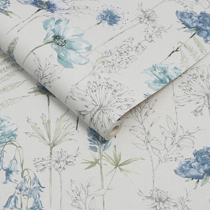 Floral Sketch Blue Wallpaper
