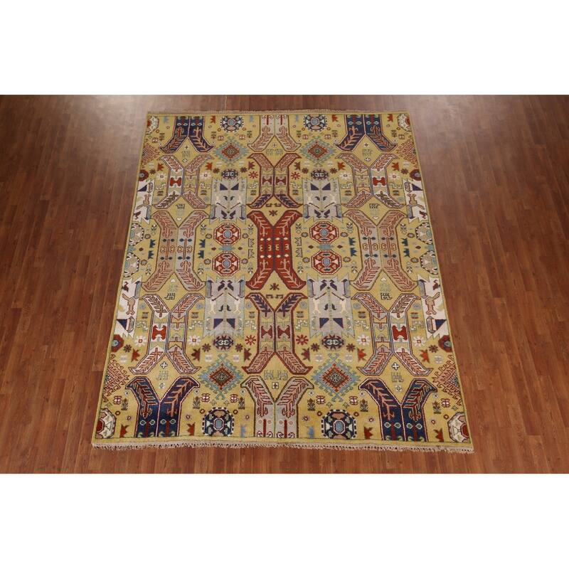 All-Over Geometric Kazak Oriental Area Rug Hand-Knotted Wool Carpet - 7'11"x 9'9"