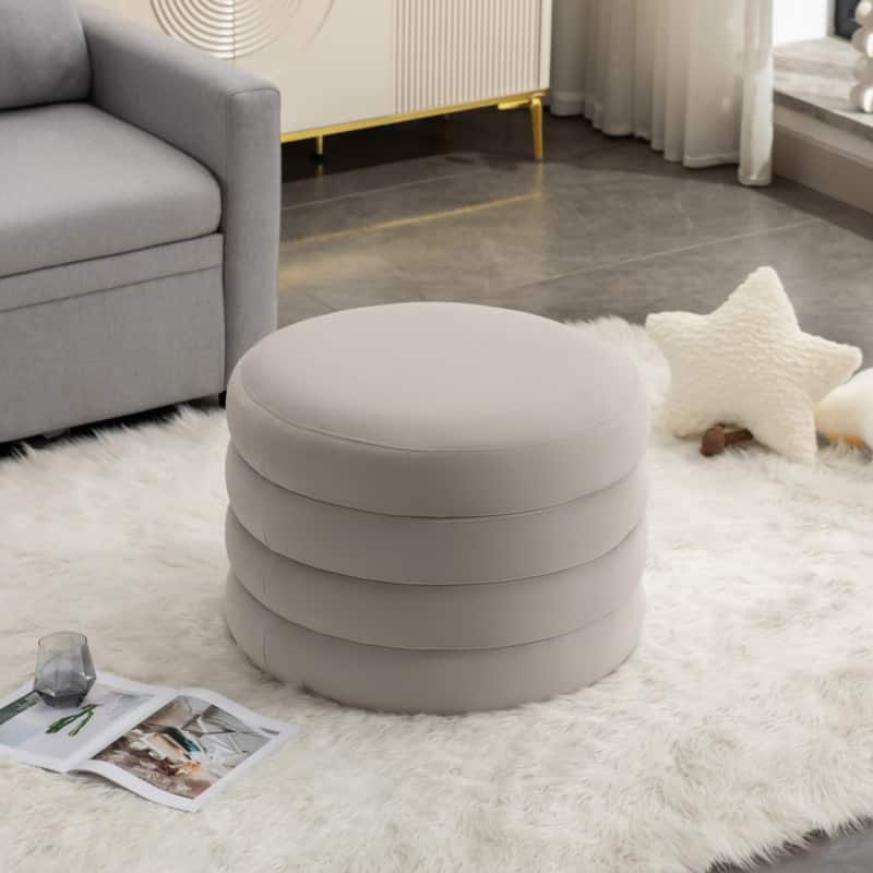 Velvet Fabric Storage Round Ottoman Footstool With Wooden Shelving