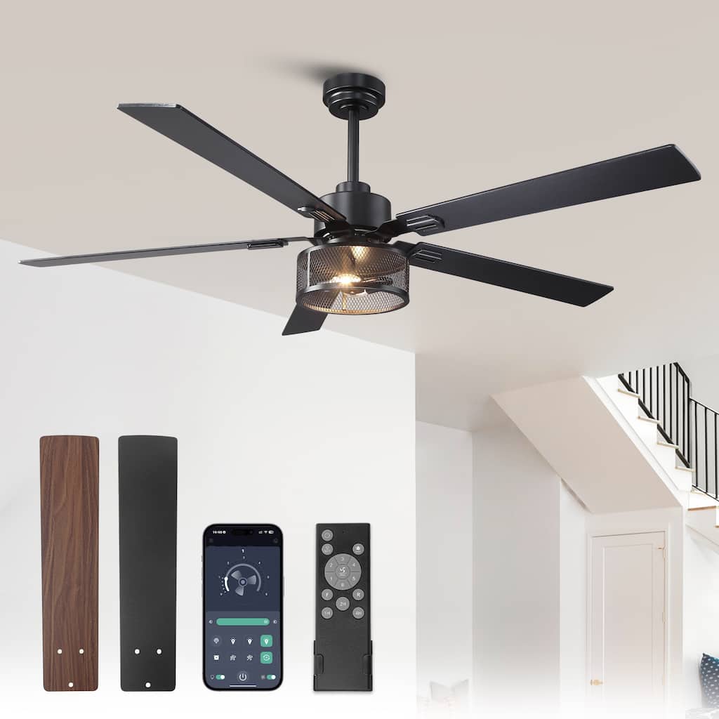 52-inch 60-inch Industrial Black Reversible Wood 5-Blade Smart Ceiling Fan with Light and Remote, App Control