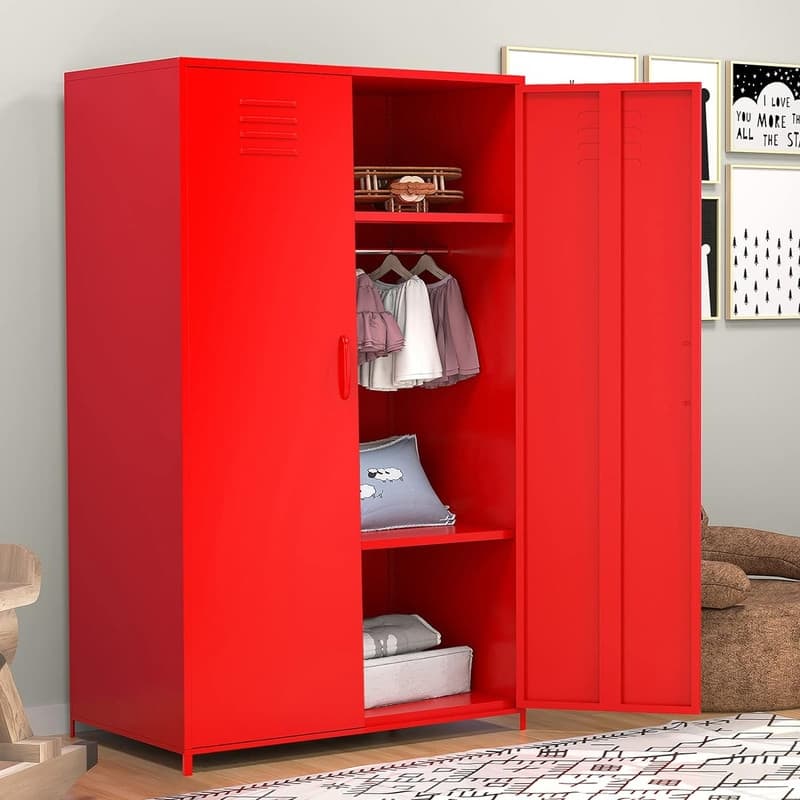 Double Doors Metal Locker Cabinet Storage with Hanging Rod and Shelves for Bedroom School Classroom