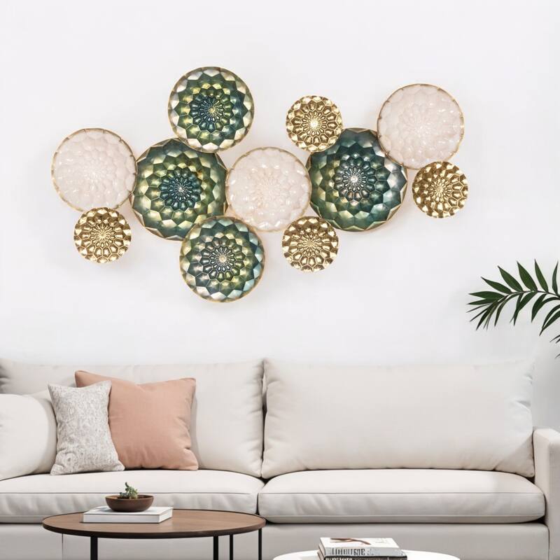 HomeRoots 33" X 60" Bronze Gold and Silver Metal Round Disc Hanging Dimensional Sculpture - Bronze/Gold/Silver - 60 in. x 33 in.  x 4 in.