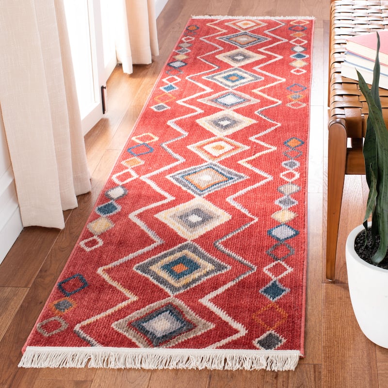 SAFAVIEH Farmhouse Kujtime Moroccan Boho Tassel Rug - 2'2" x 5' - Red/Gold
