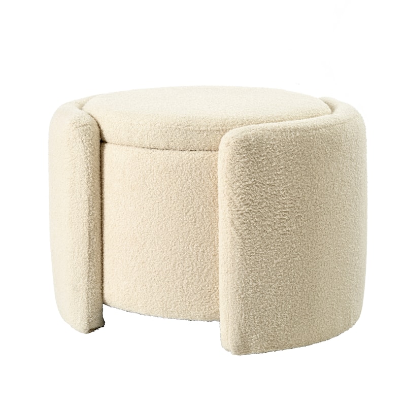 Round Ottoman teddy fleece cushioned footpads living room and bedroom footstool with storage space - Beige