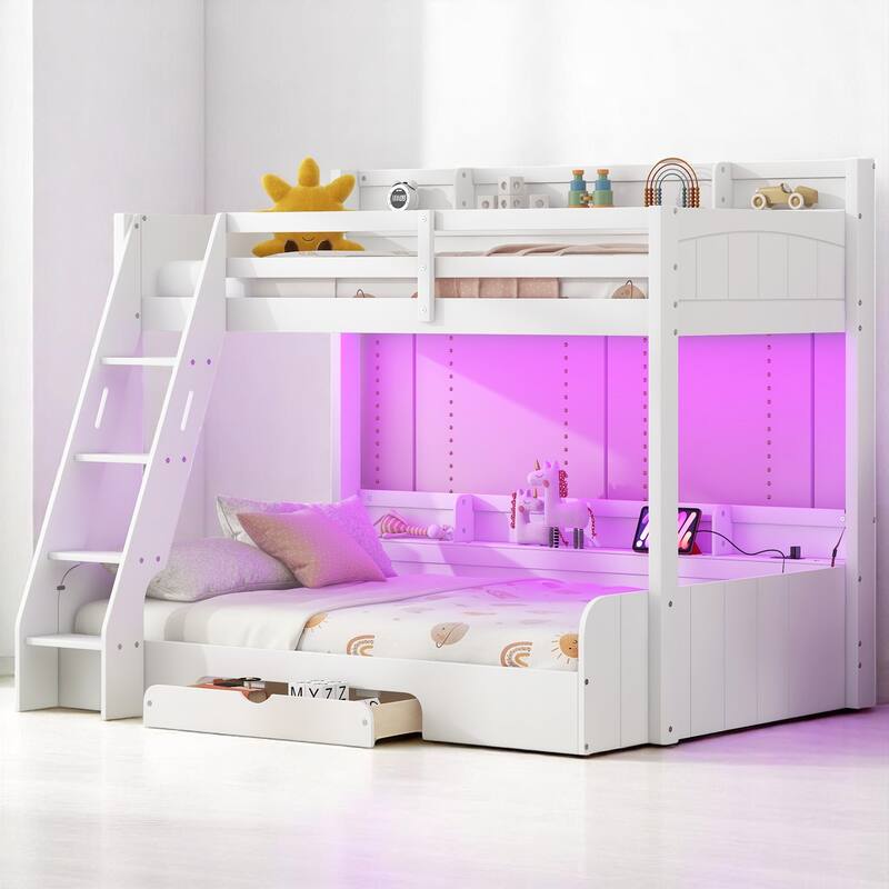 Twin Over Full Bunk Bed with Storage Shelves, LED Lights, Charging Station, and Drawer, kid bed,Storage bed