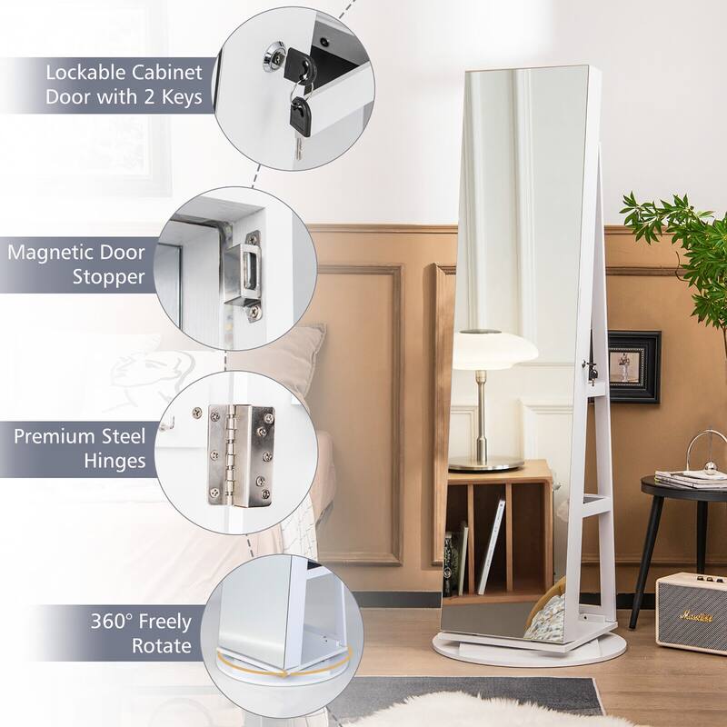 Gymax Rotating Mirrored Jewelry Cabinet with Mirror Storage Shelves