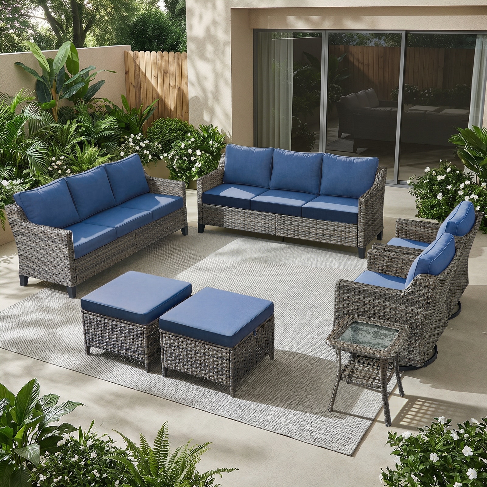 Meyreso 7-Piece Wicker Patio Conversation Set with two Sofa and 4-Inch Thick Cushions