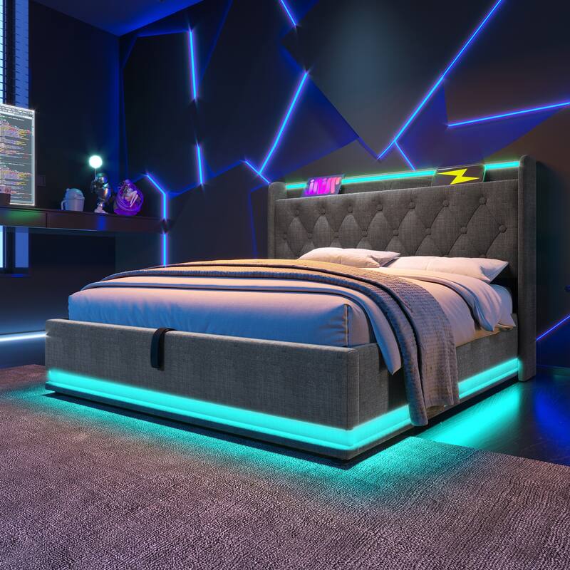 Full Size Upholstered Bed with LED Function and USB Charging