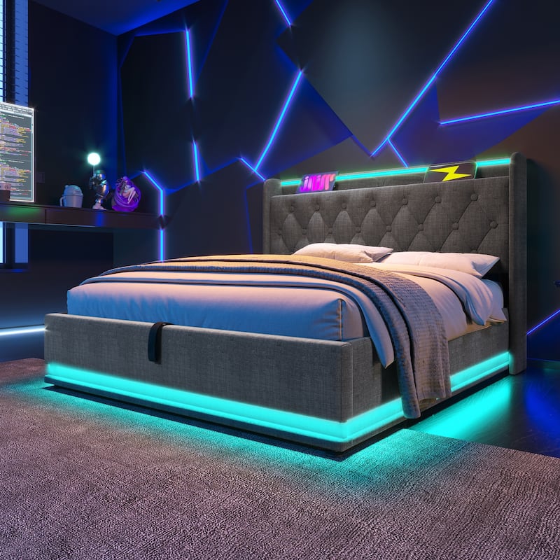 Upholstered Bed with LED Function and USB Charging