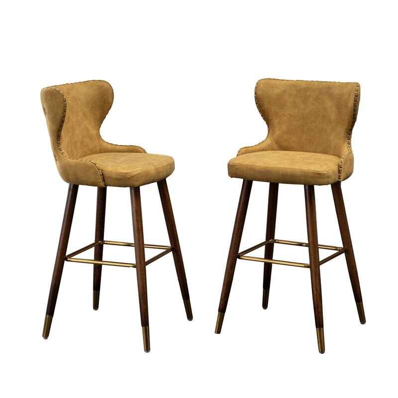 Nailhead Trim High Bar Stool, Faux Leather Bistro Counter Chair with Horn Backrest Kitchen Island Dining Chair, Set of 2
