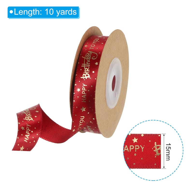 Satin Ribbons with Gold Printed, Happy Birthday Ribbon - Red - 10 Yard