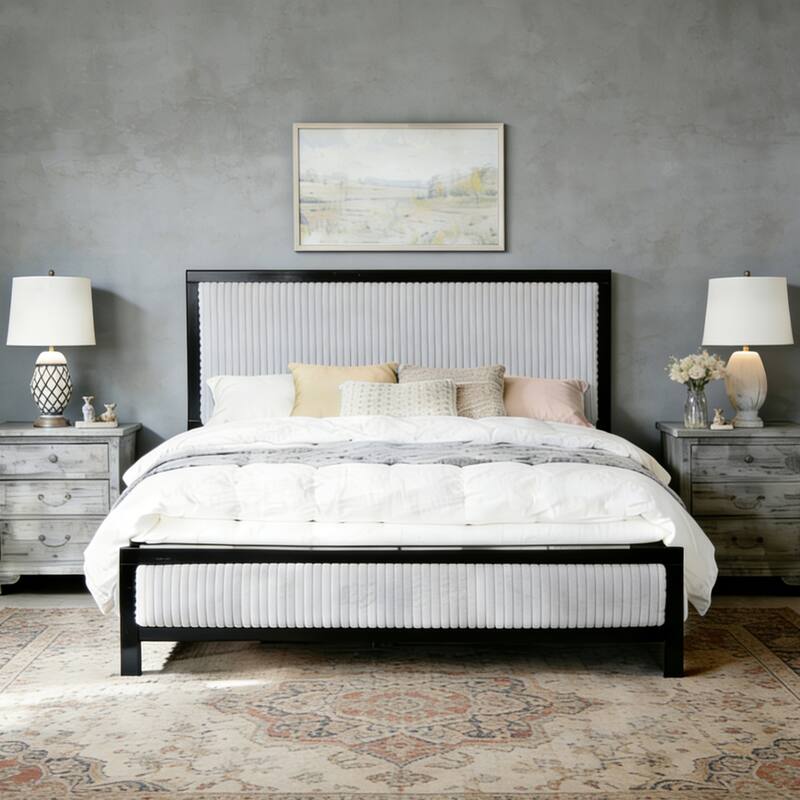 Roomfitters Upholstered Platform Bed Frame with Plush Cloud-Like Headboard and Solid Wood Slats, Grey and Black - Queen