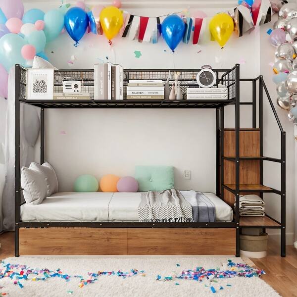 slide 2 of 12, Twin Over Full Metal Bunk Bed with Built-in Wardrobe,Step-Style Ladder and Drawer Black