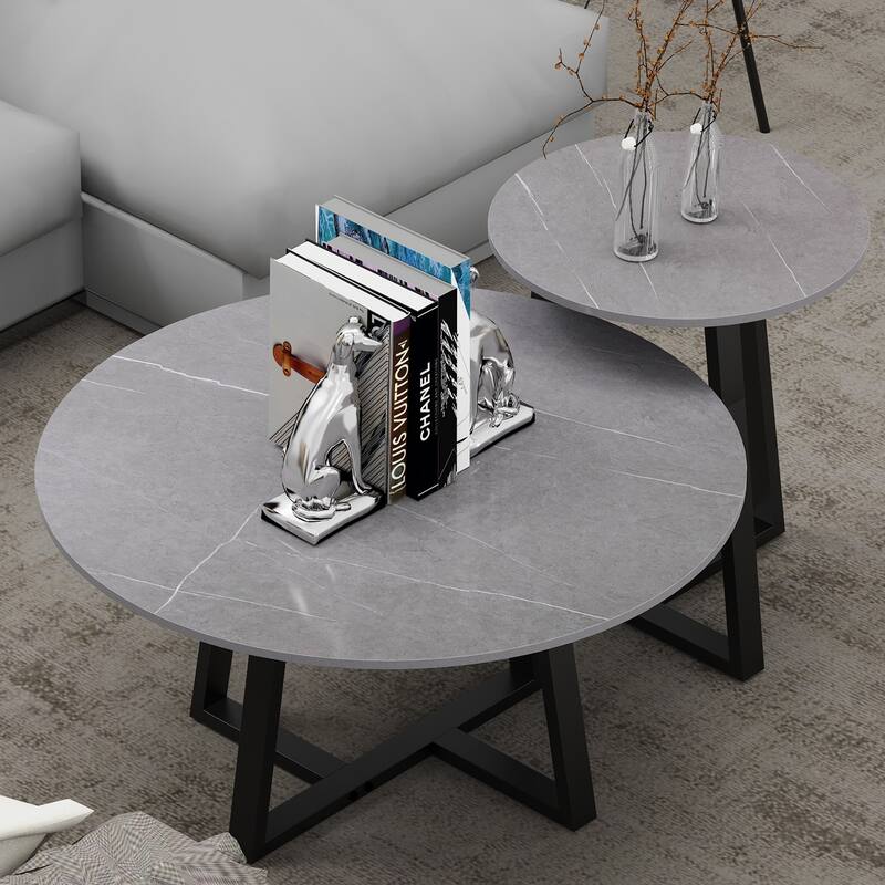 Set of 2 Round Nesting Tables Sintered Stone Marble Coffee Table - 31.5x15.7 inch