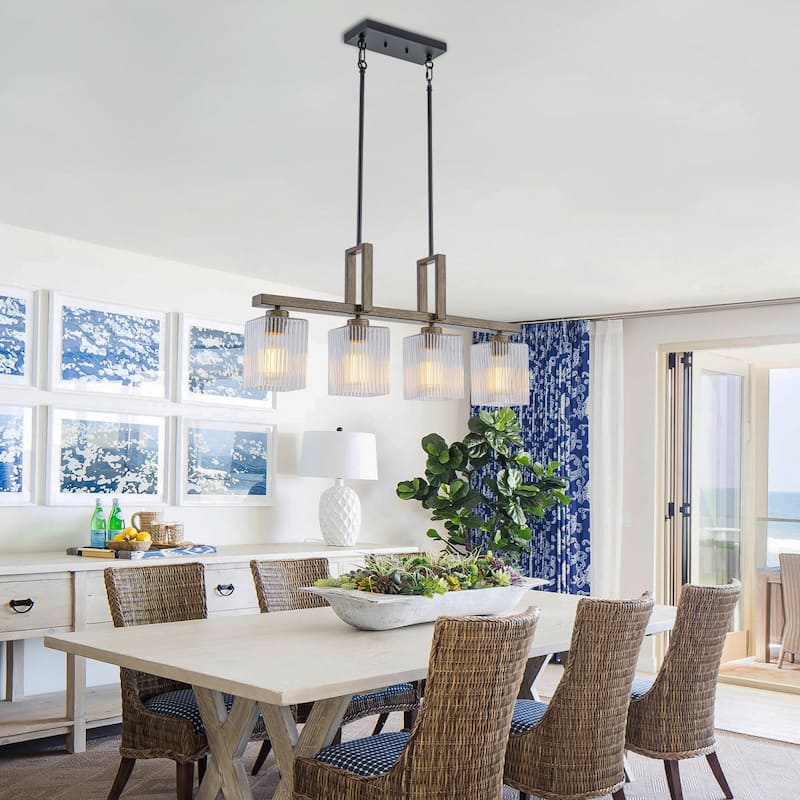 4-Light Faux Wood Linear Island Chandelier with Ribbed Glass Shades - Dia.30.51-in