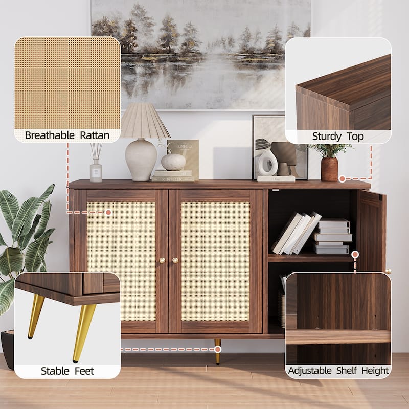Rattan Storage Cabinet With 3 Door, Farmhouse Style Buffet Sideboard - N/A