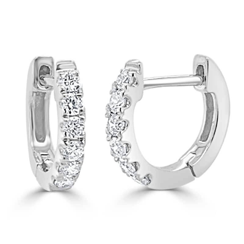 Joelle Collection Diamond Huggie Earring - 14K Gold Earrings U-Shaped Hoops With Certified Diamonds - 9mm - White