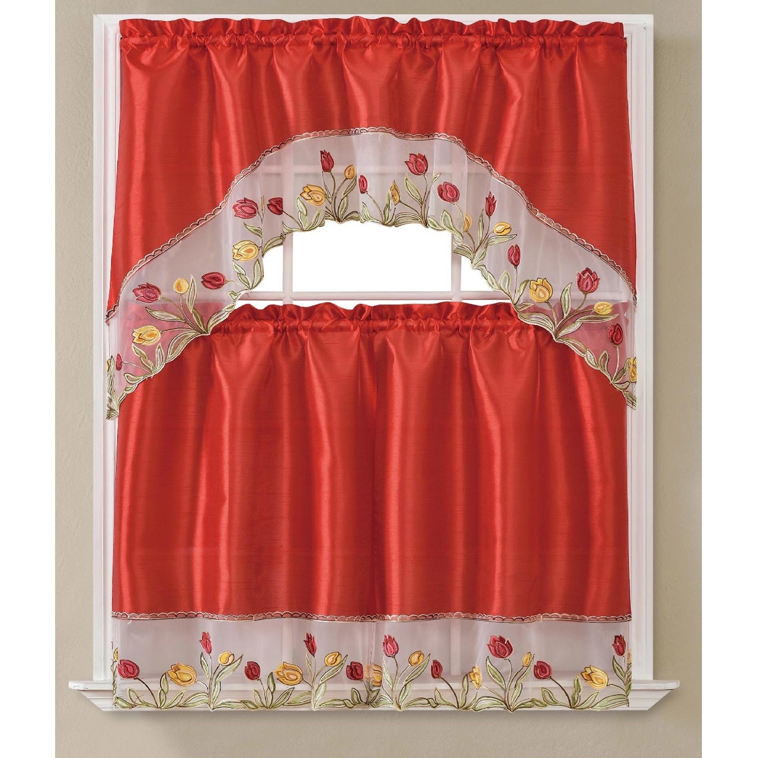 Rosella Tulip Embroidered Kitchen Curtain Set Red Swag 60x36