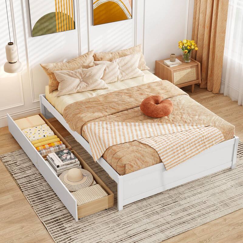 Costway Full/Queen Size Wooden Platform Bed with 2 Rolling Storage - White